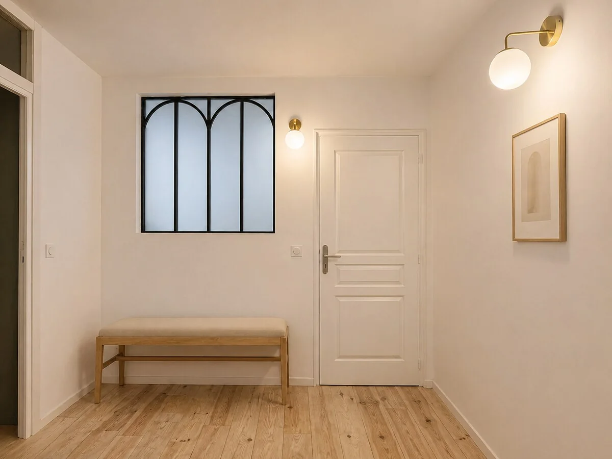 Entrée élégante de l’appartement avec verrière intérieure