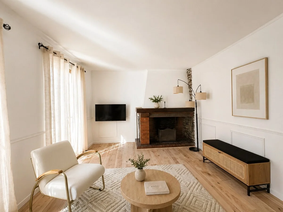 Salon élégant avec cheminée en pierre, fauteuil et meuble en cannage