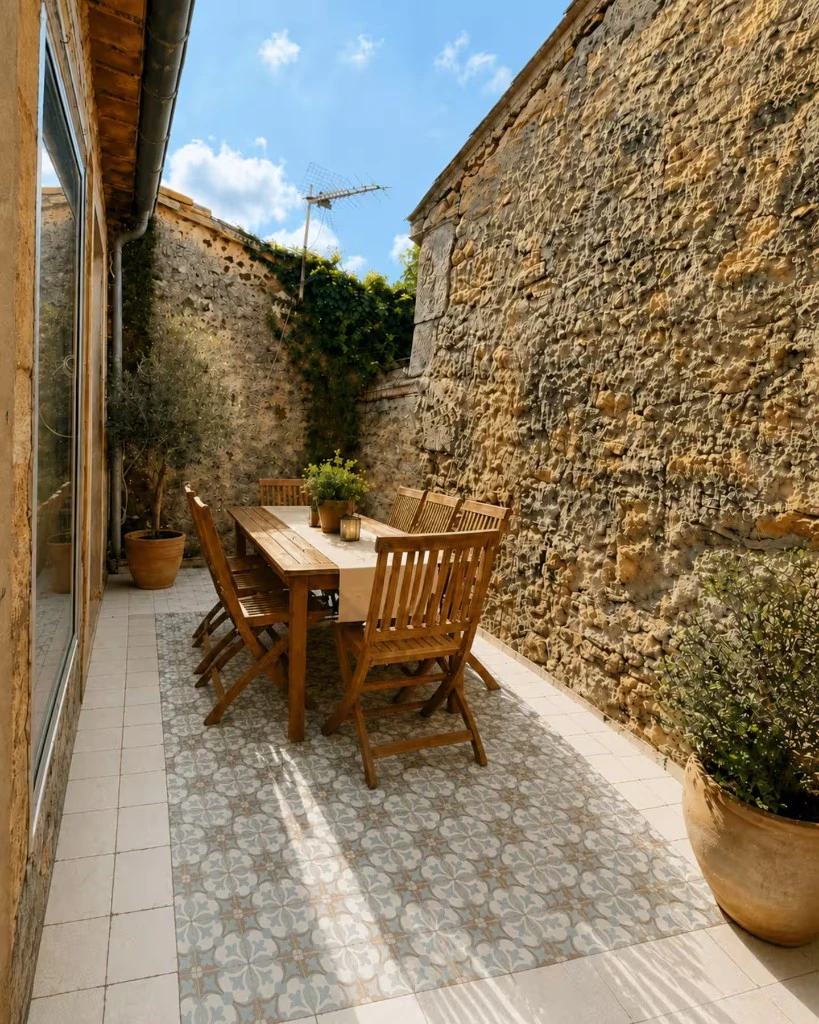 Terrasse privée entourée de murs en pierre dans le centre historique de Sérignan