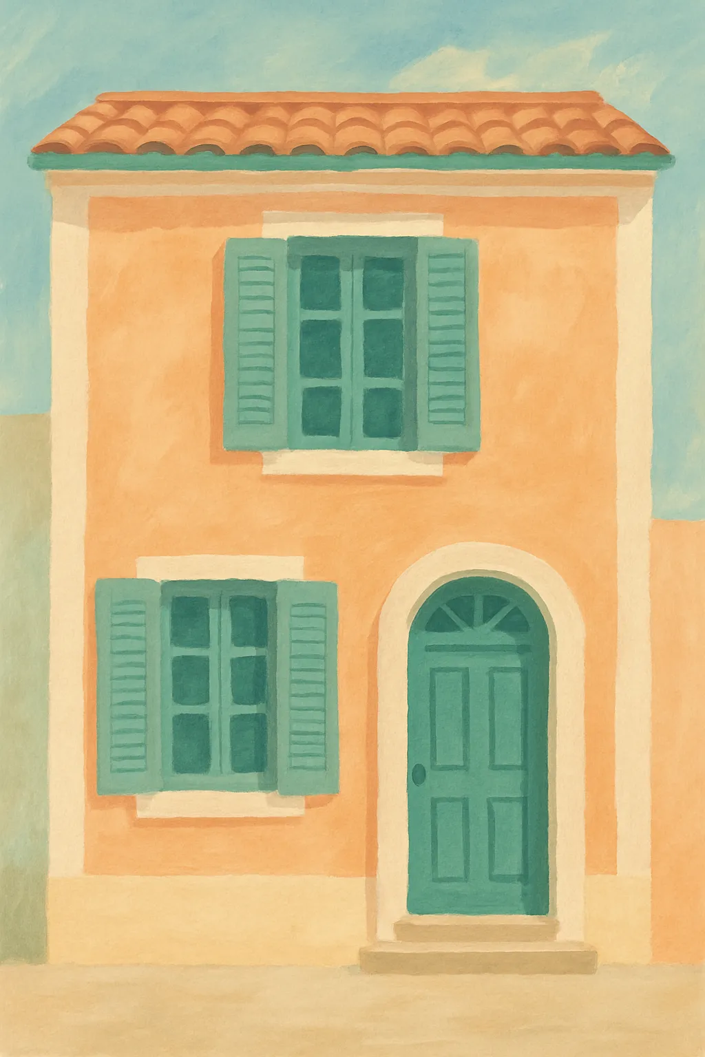 Illustration artistique d’une façade méditerranéenne avec murs pêche et volets turquoise