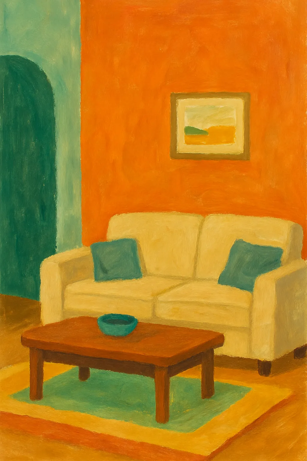 Illustration artistique d'un séjour contemporain avec mur orange et accents pastels